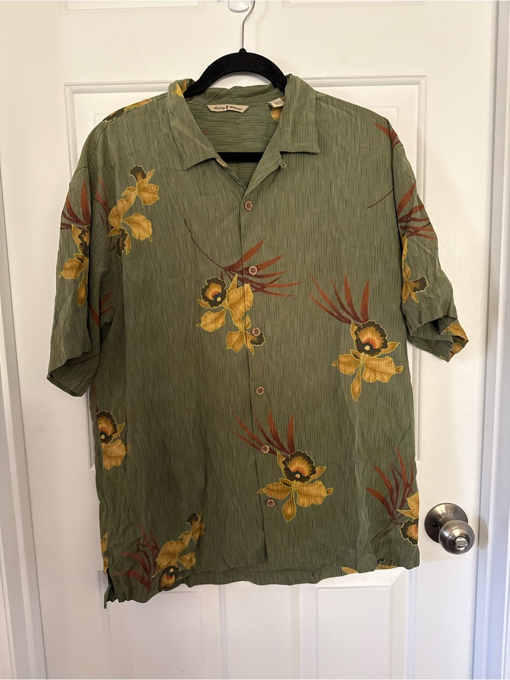 Tommy Bahama Mens L Silk Tencel Hawaiian Shirt Tropical Orchid Sage Olive Green